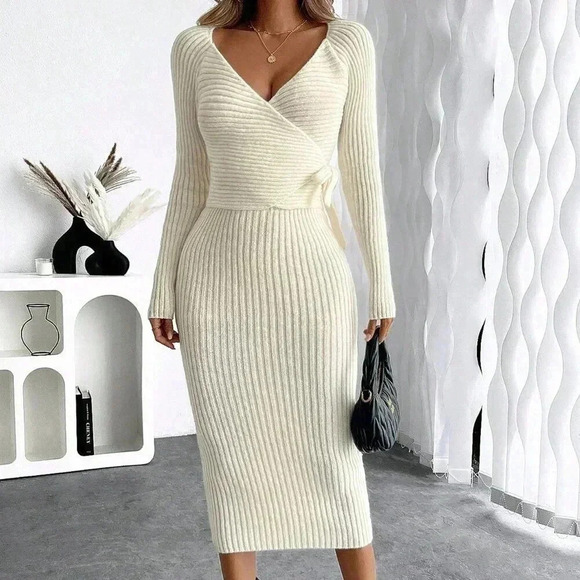 Beige Elegant Women's Stylish Knit V-Neck Cross-Tie Slimming Maxi Dress - Picture 4 of 7